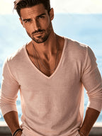 2pcs Set of Solid Color Casual Long Sleeve T-Shirts, Men'S V-Neck Breathable Versatile Top - Pink+Light Purple