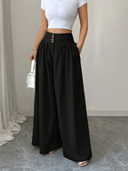 Women's Spring/Summer Waist-Cinching Long Wide-Leg Pants with Pockets, Size 25 - Black