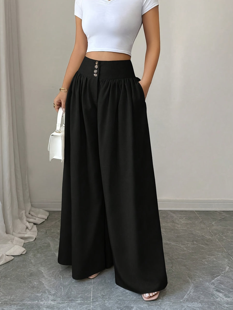 Women's Spring/Summer Waist-Cinching Long Wide-Leg Pants with Pockets, Size 25 - Black