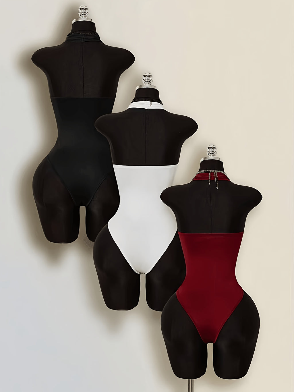3pcs Set Western Style White Basic Stretch Halter, Backless Slim Jumpsuit Base Layer Djz2605251601964483 - Black+white+wine Red