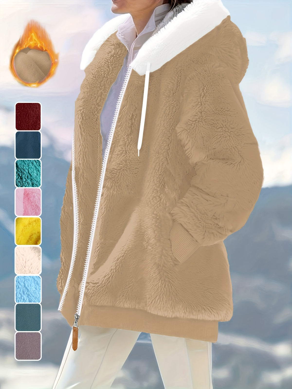 Ladies Autumn Winter Relaxed Cut Plush Hooded Outercoat, Contrast Color Trim Zip Front Warm Lined Jacket, Ribbed Cuff Windproof Casual Outerwear for Daily Commuting and Cold Season Everyday Styling - Khaki