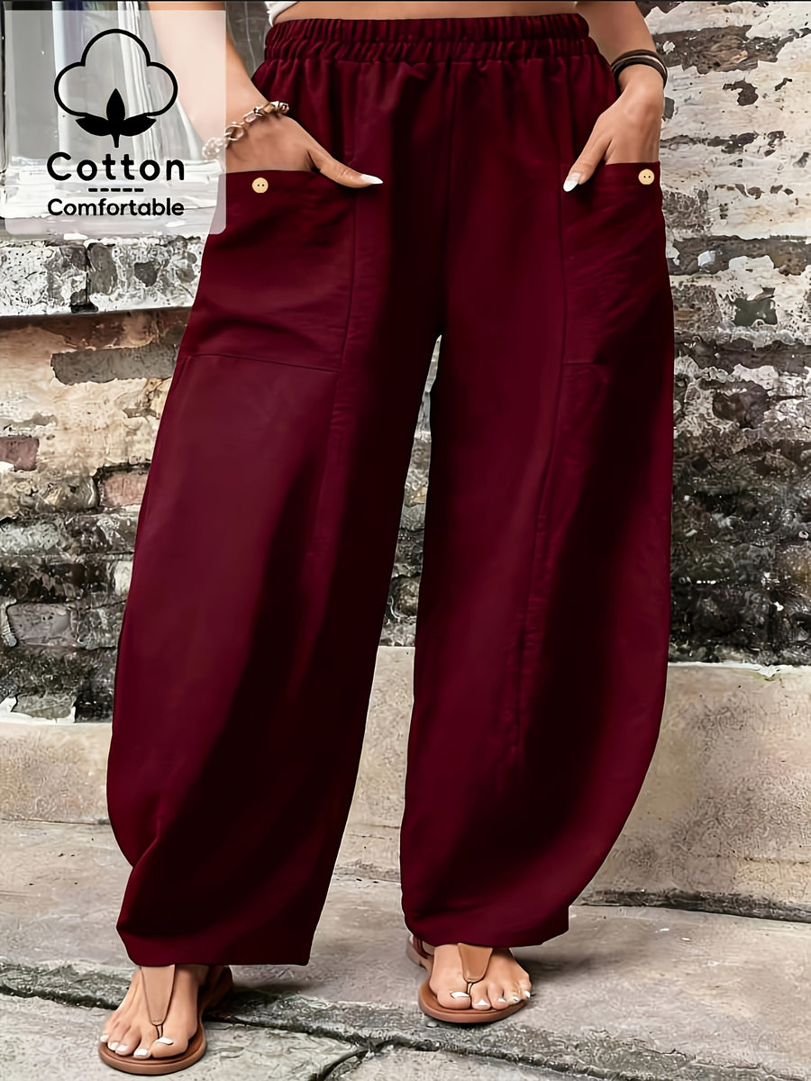 Plus Size, Plus Size Stylish Women's Solid Color Casual Pants, Elastic High Waist with Pockets, Loose Wide-Leg Trousers, Versatile Pants for Commuting and Vacation - Burgundy