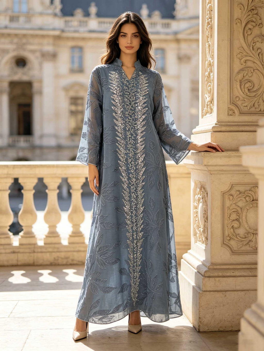 Elegant and Dignified Women's Abaya with Heavy Crystal Bead Leaf Embroidery, Luxurious Long Robe - Vibrant Blue