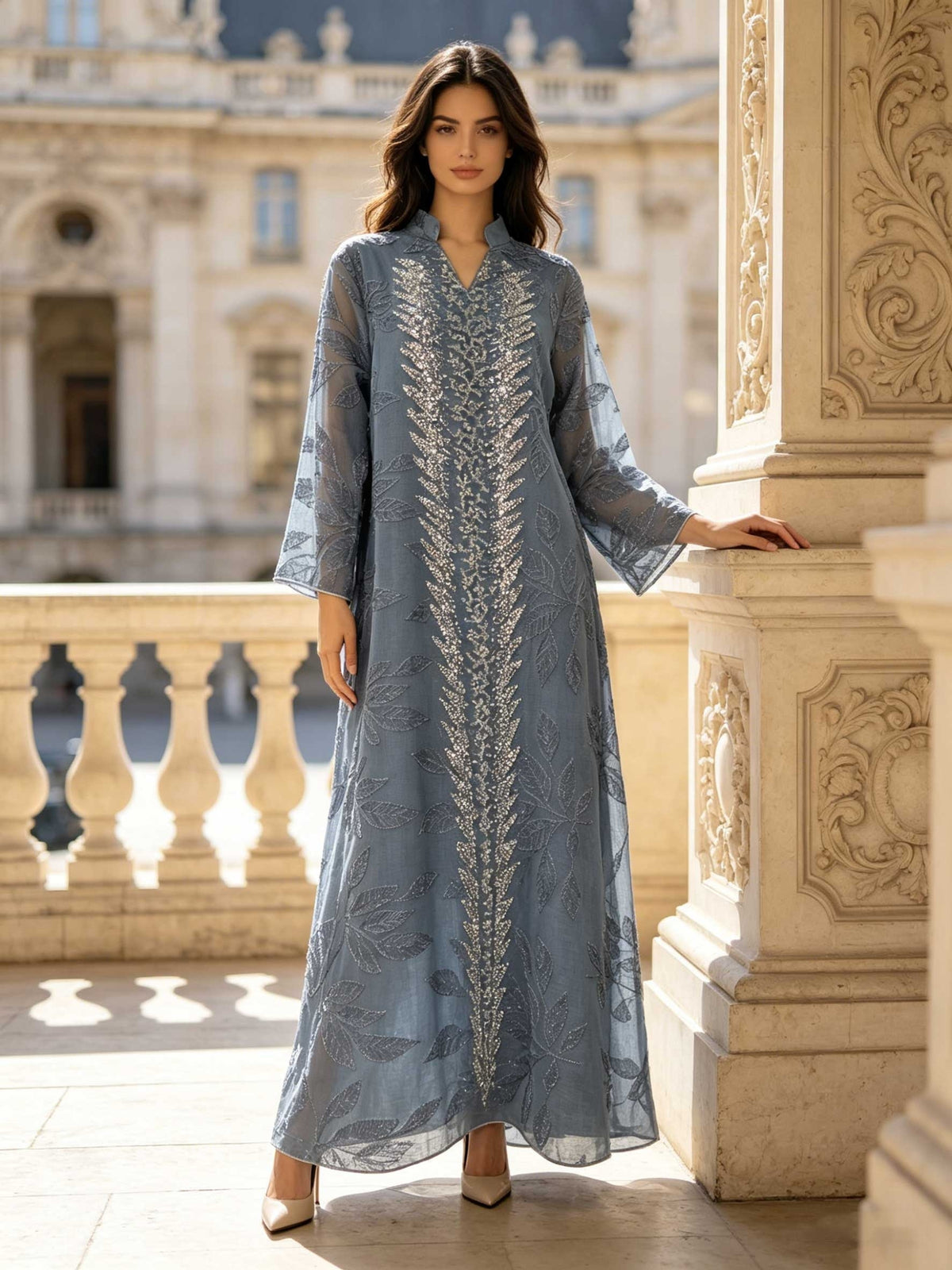 Elegant and Dignified Women's Abaya with Heavy Crystal Bead Leaf Embroidery, Luxurious Long Robe - Vibrant Blue