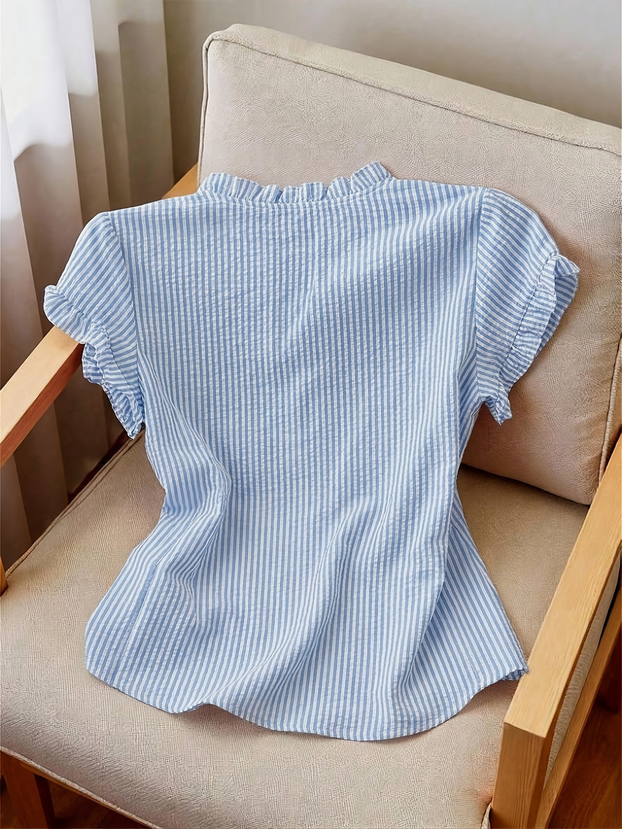 Women's Ruffle Collar Short Sleeve Single-Breasted Striped Shirt - Blue Stripes