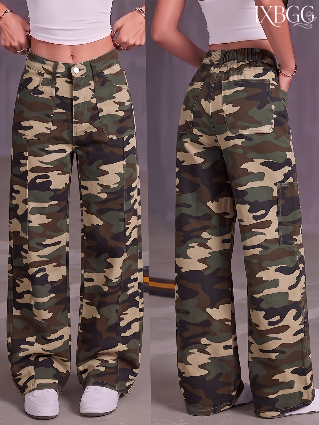 Camouflage Washed Denim Long Pants with Square Pockets, Women's Workwear Multi-Pocket Elastic Waist Camouflage Jeans, Ladies' Stretch Vintage Versatile Casual Fashionable Elegant Mid-Waist Machine Washable Durable Multi-Functional Camouflage Print - fern green