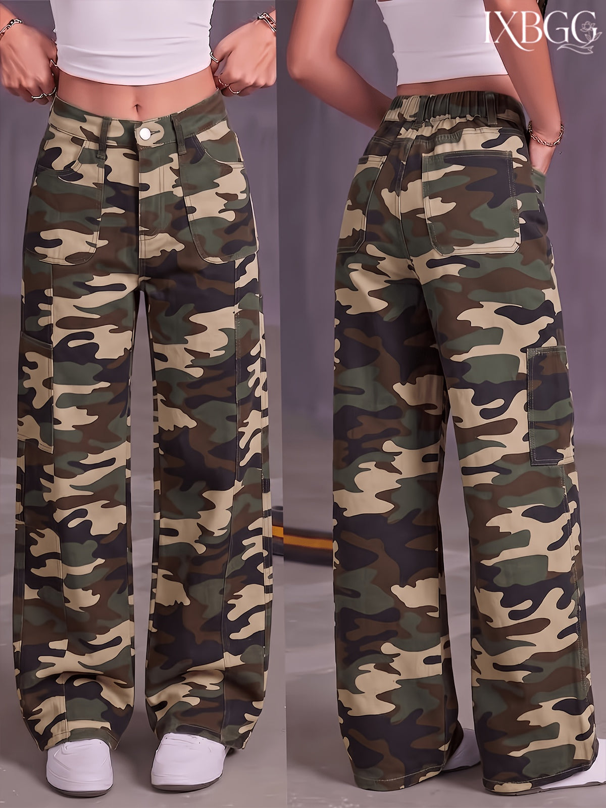 Camouflage Washed Denim Long Pants with Square Pockets, Women's Workwear Multi-Pocket Elastic Waist Camouflage Jeans, Ladies' Stretch Vintage Versatile Casual Fashionable Elegant Mid-Waist Machine Washable Durable Multi-Functional Camouflage Print - fern green