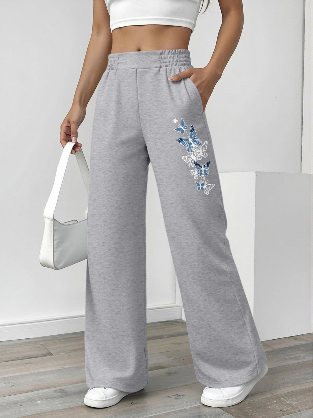 Women's Elastic Waist Straight Leg Pants with Butterfly Pattern, Korean Style Commuter Fashion, Wrinkle- and No Ironing, Petite Friendly, and Concealing, Cross-Border, Elegant Women's Autumn Clothing, Flash - Grey