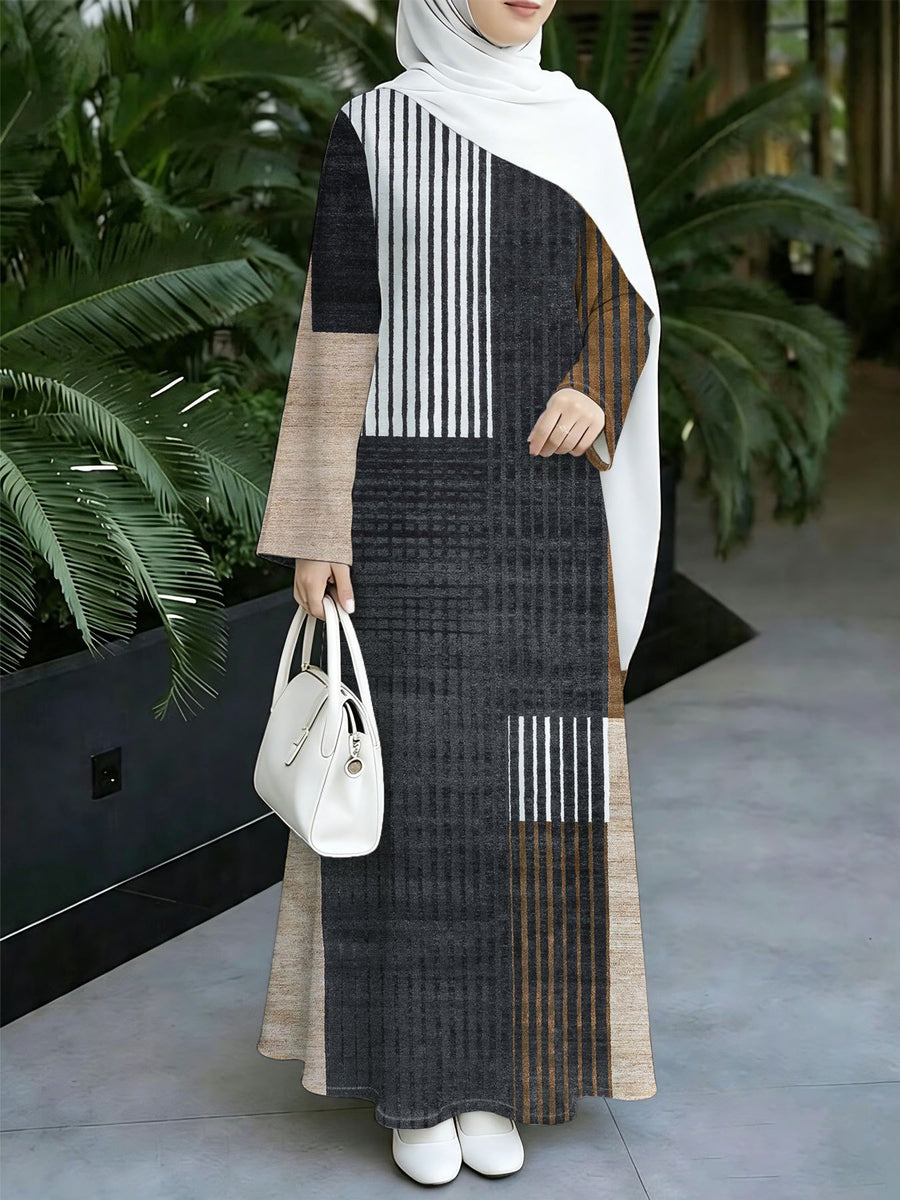 Asian Size 1pc 2D Flat Printed Design Muslim Robe Women's Khaki Grey Plaid Striped Patchwork Long Sleeve Abaya Maxi Dress Daily Commuting and Home Wear - Eid Festival Dress  Prayer, Family Gathering -Comfortable Abayas Robe Middle, 2D Flat - Multicolor 6
