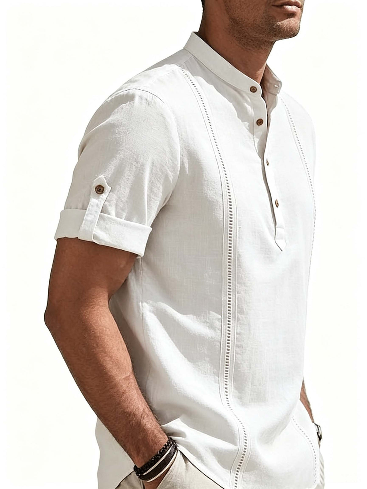 Men'S Short Sleeve Shirt, Stand Collar Half-Button Cuff with Roll-Up Sleeves, Business Casual Breathable Top - White