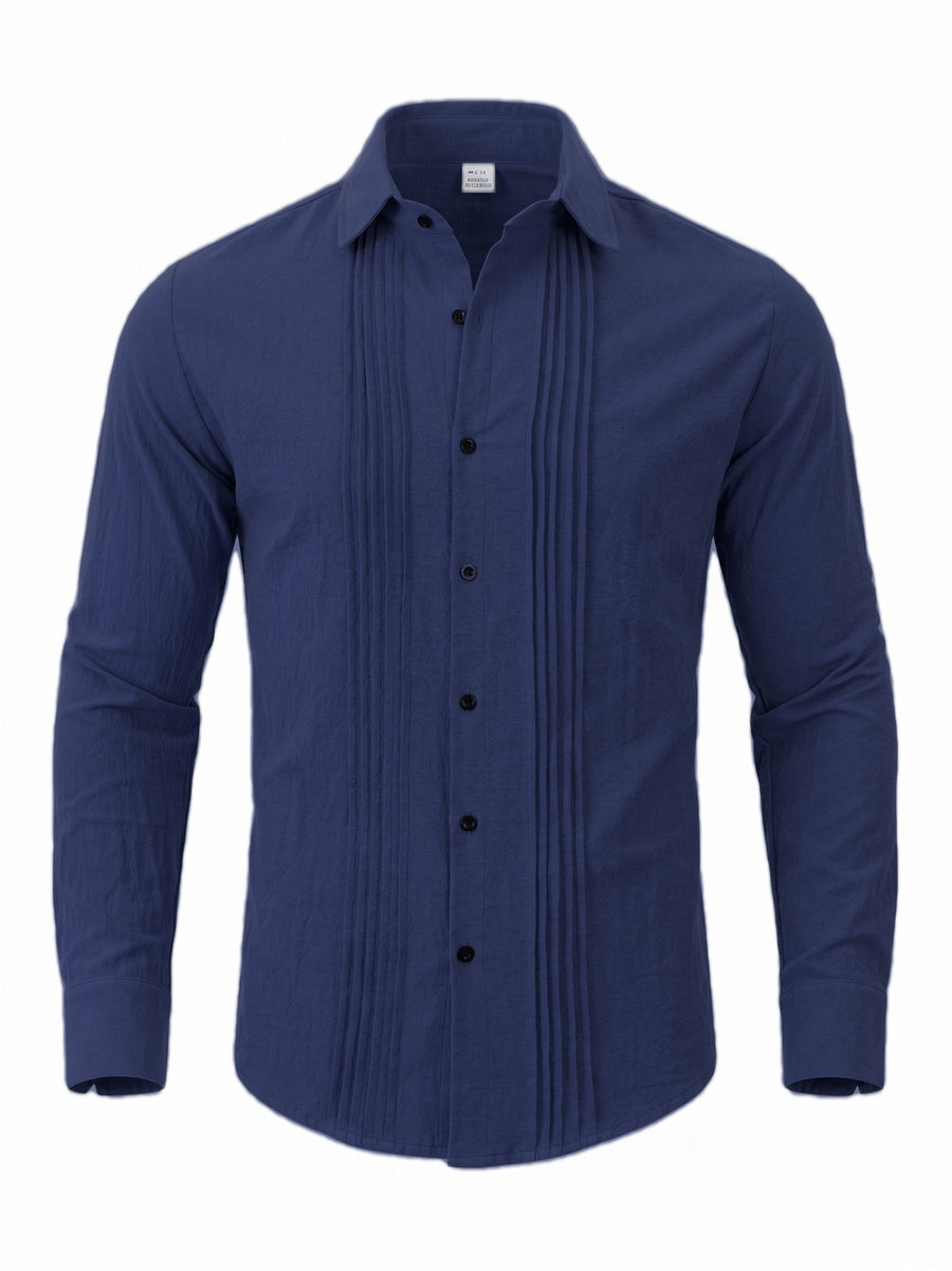 Men's Linen Guayabera Shirt with Lapel Collar & Button Front Panel - Accordion Pleat Chest Texture, Long Sleeve Button-Front Closure Suitable for Beach, Casual, -Casual Wear, Year-Round Versatile Formal & Everyday Button-Up Shirt - Navy Color