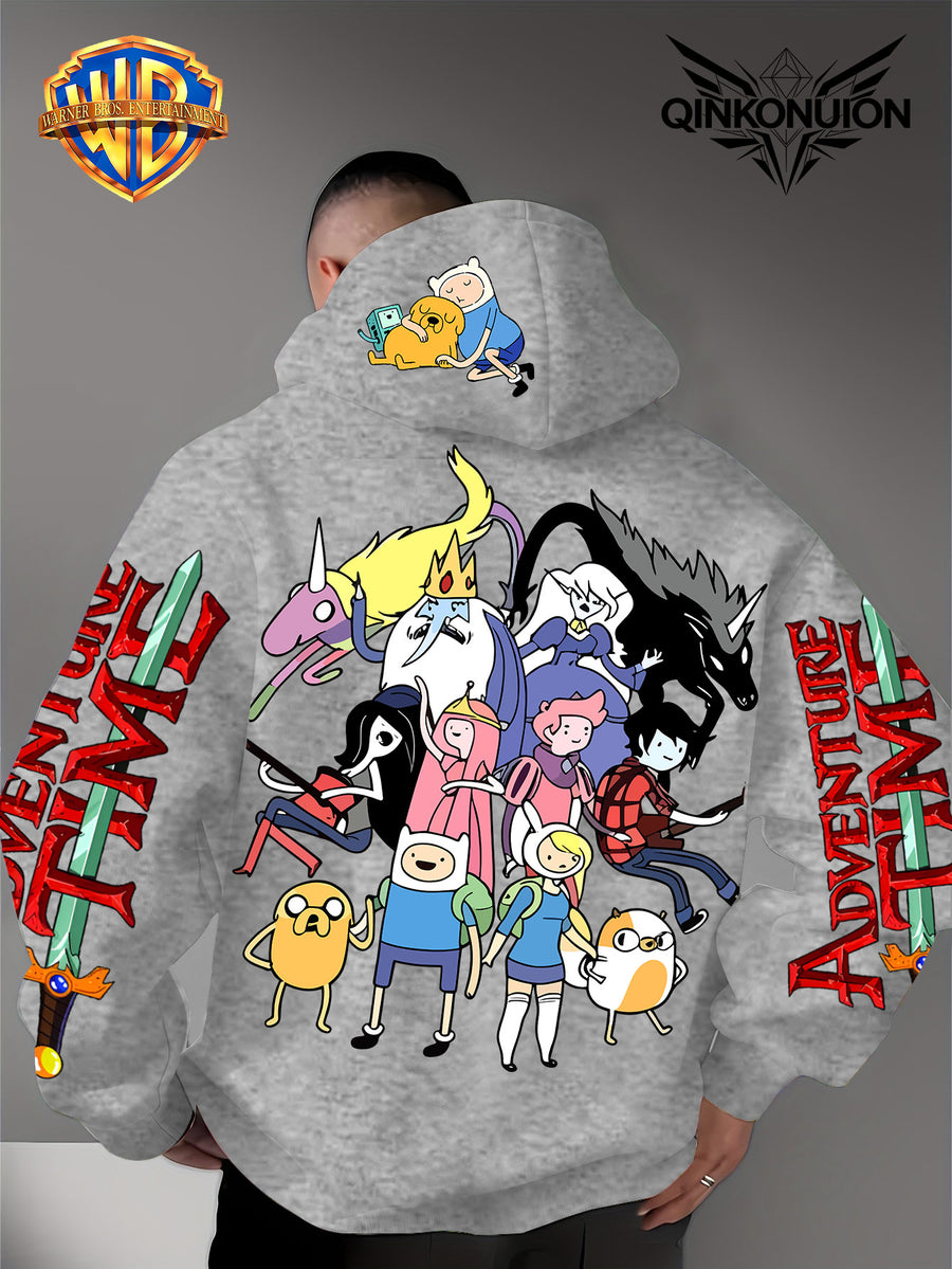 Warner Official Men's Hoodie, Adventure Treasure Full Character Gathering Adventure Print Design, Machine Washable, Warm and Casual for Autumn and Winter, Daily Drawstring Hoodie, Multifunctional Sports and Casual Loose Fit - Light Grey