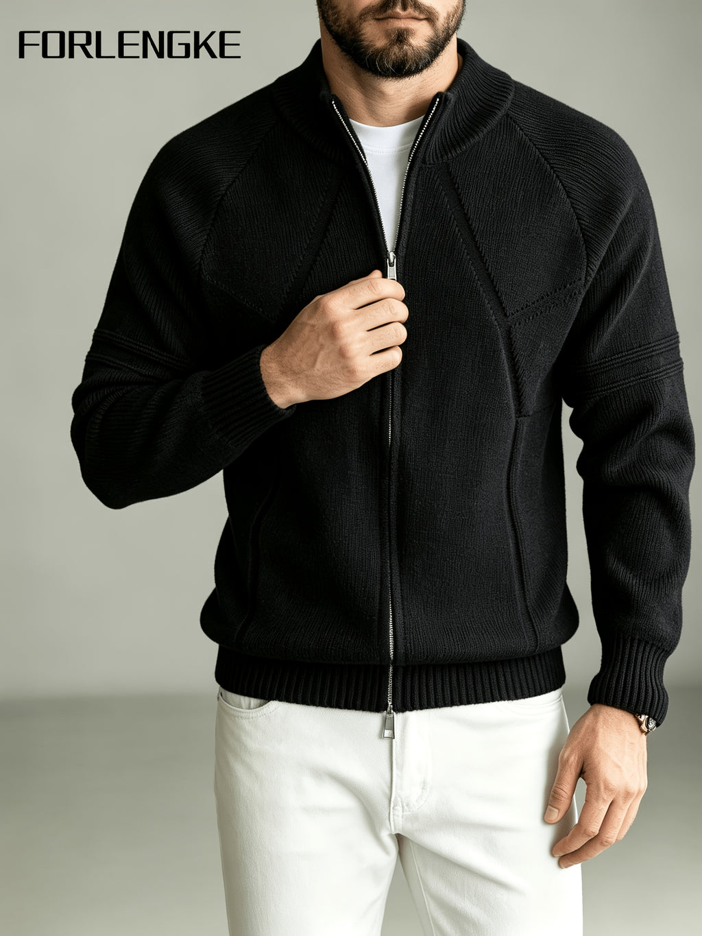 FORLENGKE Men's Autumn/Winter Stand Collar Zipper Knit Cardigan, Heavyweight Jacquard Texture Outerwear, Casual Versatile Solid Color Sweater Jacket, Mature Business Minimalist Top, Loose Fit Slimming Long Sleeve Outer Layer, Daily Commute Light - Black