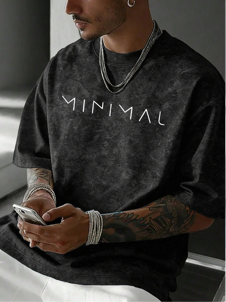 Easy Letter Short Sleeve Men'S Washed Distressed T-Shirt, High Street Style Versatile Top - Black