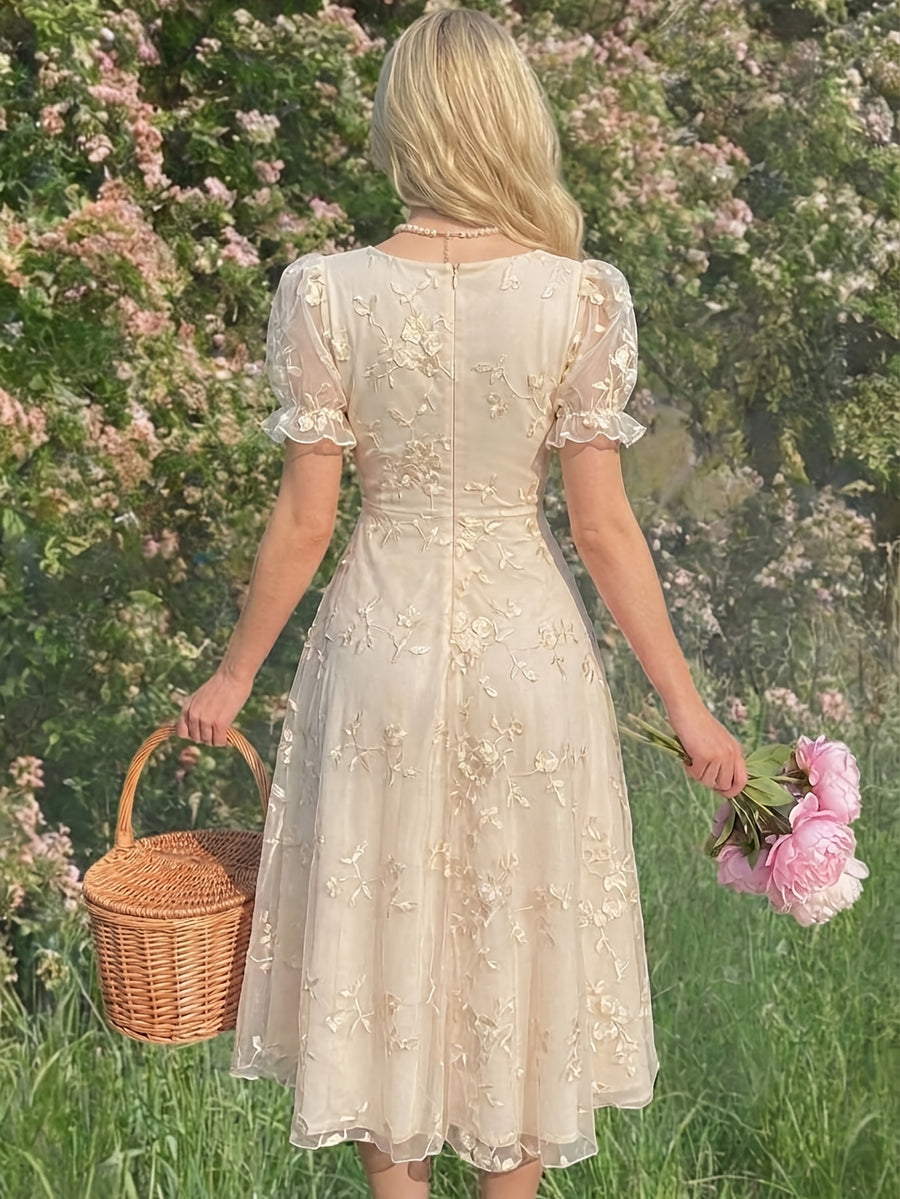 French-Style Pastoral Sweet Mesh Solid Color Maiden Dress - Apricot