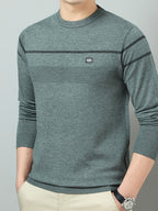 Men's Solid Gray Striped Crewneck Lightweight Knit Sweater, Featuring a Basic Crewneck Design, Ribbed Cuffs, and a Slim-fit Slightly Relaxed Silhouette. Suitable for Young Adults and Middle-aged Men, Ideal for Both Commuting and Daily Casual Wear - Green