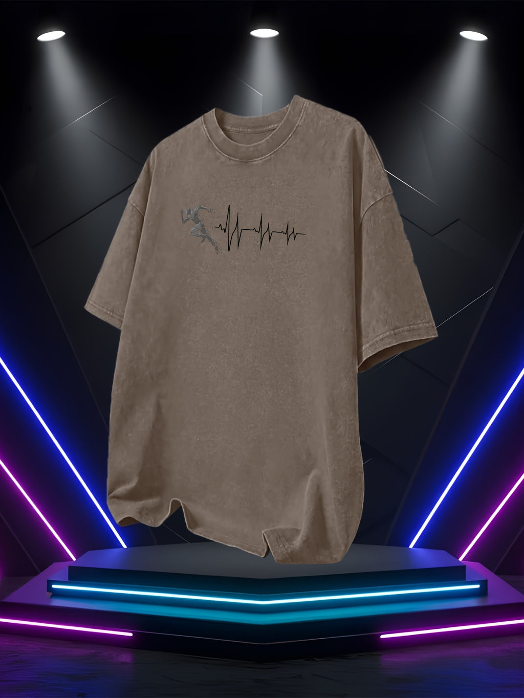 Men's Washed Short-Sleeve T-Shirt, Made of Pure Cotton Fabric That Is Breathable and Skin-friendly. The Relaxed Fit Is Comfortable and Versatile. Features a Creative Print of a Runner on the Front + EKG, Combining Athletic Passion with the Rhythm - Brown