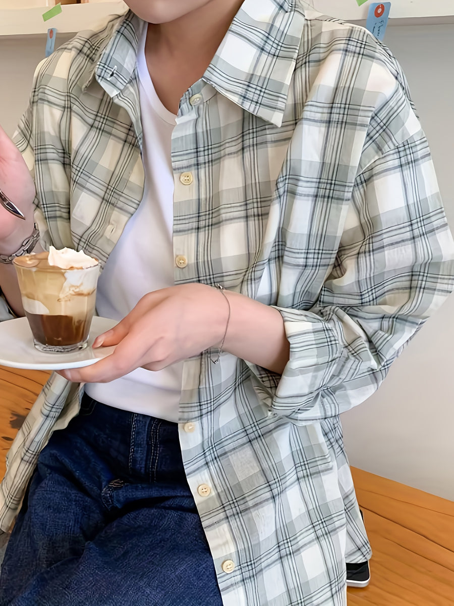 Women's Casual Plaid Shirt - Korean-Inspired Oversized Long Sleeve Button-Up with Checkered Pattern, Lightweight Breathable Fabric for Spring/Summer, Machine Washable Loose Fit Blouse, Summer Outfit, Soft Texture, Buttondown Top, Adults - Green