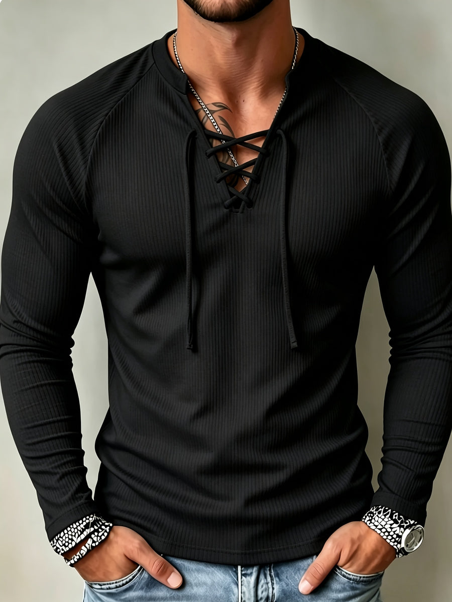 New American Vintage Men's Ribbed Cable Knit Long Sleeve T-Shirt with Cross-Front Tie Design, Raglan Sleeves for a Slim Fit and Muscle Definition, Solid Color Stretchy Casual Base Layer Top, Autumn/Winter Trend, Available in Multiple Colors - Black