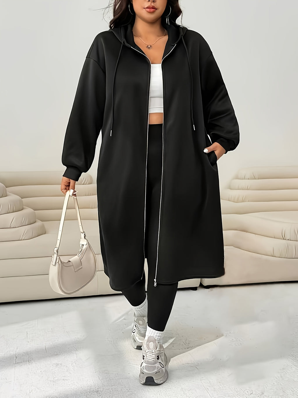 Plus Size Women'S Casual Fleece Jacket, Autumn Winter New Long Sleeve Off-Shoulder Zipper Drawstring Hooded Jacket - Black
