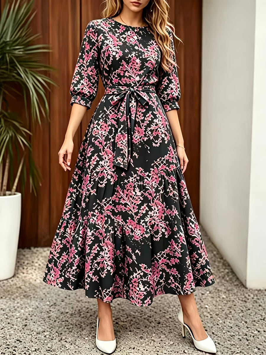 Elegant Casual Daily Office Street Round Neck Three-Quarter Sleeve Spring Summer Dress, Summer Dress - Black