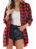 Beautiful Women'S Long Checkered Long Sleeve Shirt, Fashionable Double Pocket Design, Exquisite Buttons, Breathable Soft Fabric, Perfect for Spring And Autumn - Red And Black Grid