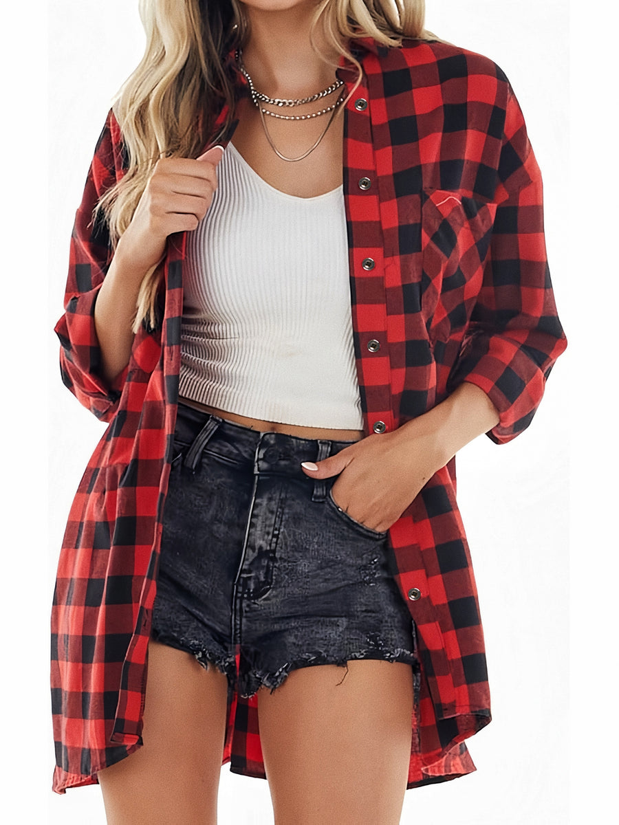 Beautiful Women'S Long Checkered Long Sleeve Shirt, Fashionable Double Pocket Design, Exquisite Buttons, Breathable Soft Fabric, Perfect for Spring And Autumn - Red And Black Grid