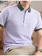 Men's Embossed Jacquard Short-Sleeve Polo Shirt, Available in Multiple Colors, Featuring a Textured, Fine, and Skin-Friendly Fabric with Contrast-Color Lapels. Suitable for Business Commuting, Business Trips, Receiving Guests, Golf, Fishing - Light Purple