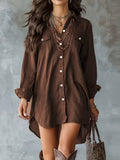 Women'S Coffee-Colored Long Sleeve Button-Up Shirt, Short Front Long Back Design with Pockets, Suitable for Spring And Summer - Coffee Color