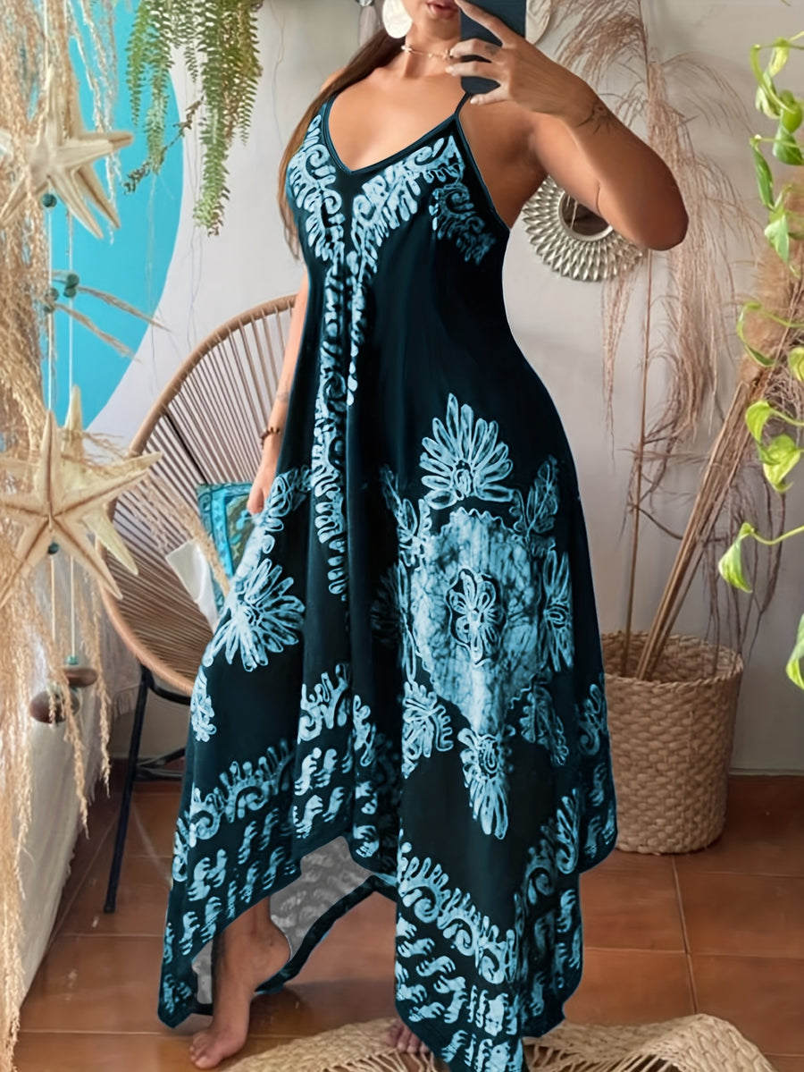 Spring/Summer Women's Ethnic Print Vintage Casual Versatile Fashion Spaghetti Suspender Dress Elegant French-Style Daily Wear - Blue