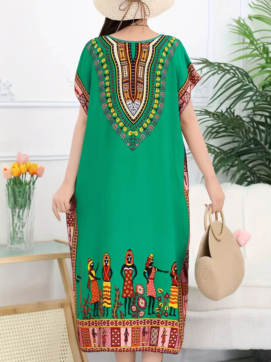 Ethnic Style Dress Summer New Bohemian Style Vacation Batwing Sleeve Dress Loose Beach Dress - Emerald Green