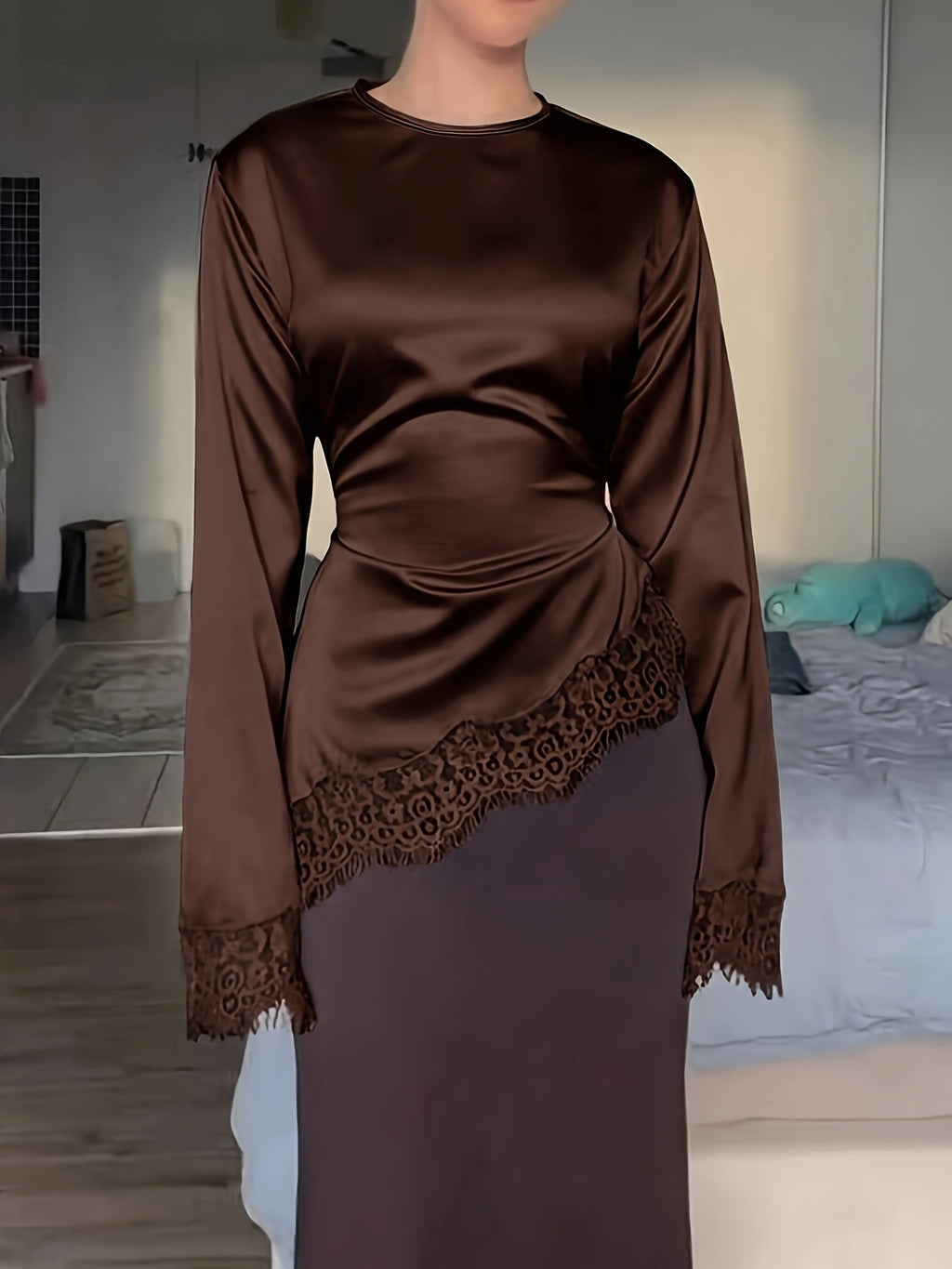 Women'S Elegant Commute Satin Blouse, Lace Panel Round Neck Long Sleeve Tie Waist Top, Solid Fabric Lace Panel Asymmetrical/Asymmetrical Design, Suitable for Elegant Office Daily Dates - Coffee Color