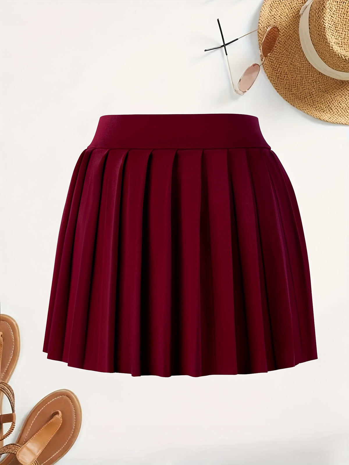 Solid Color Versatile High-Waist Pleated Mini Skirt - Flattering And Stylish for Women - Burgundy