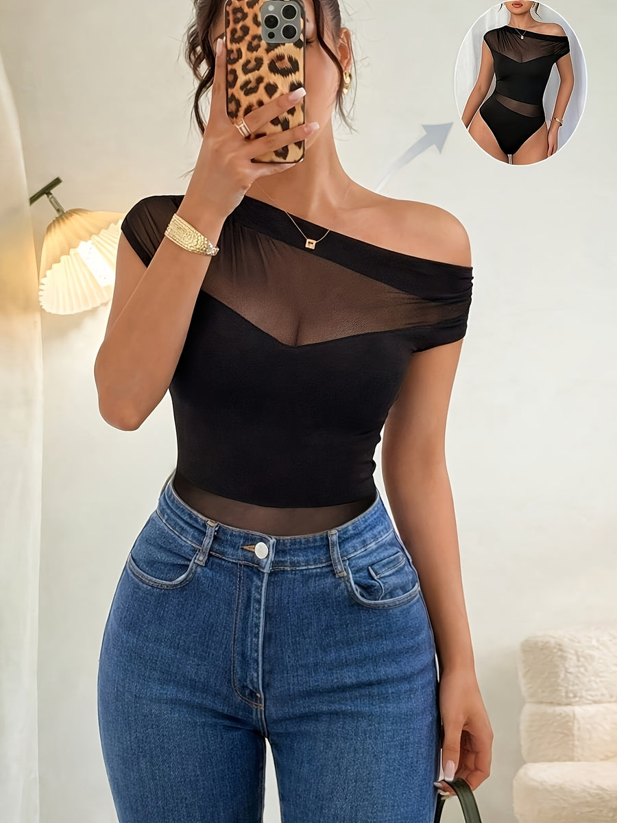 New Women's Versatile Summer Mesh Bodysuit, Elegant and One-shoulder Mesh Patchwork Pleated Bodysuit, Sexy Party and Nightclub Outfit, Elegant Summer Women's Bodysuit. - Black