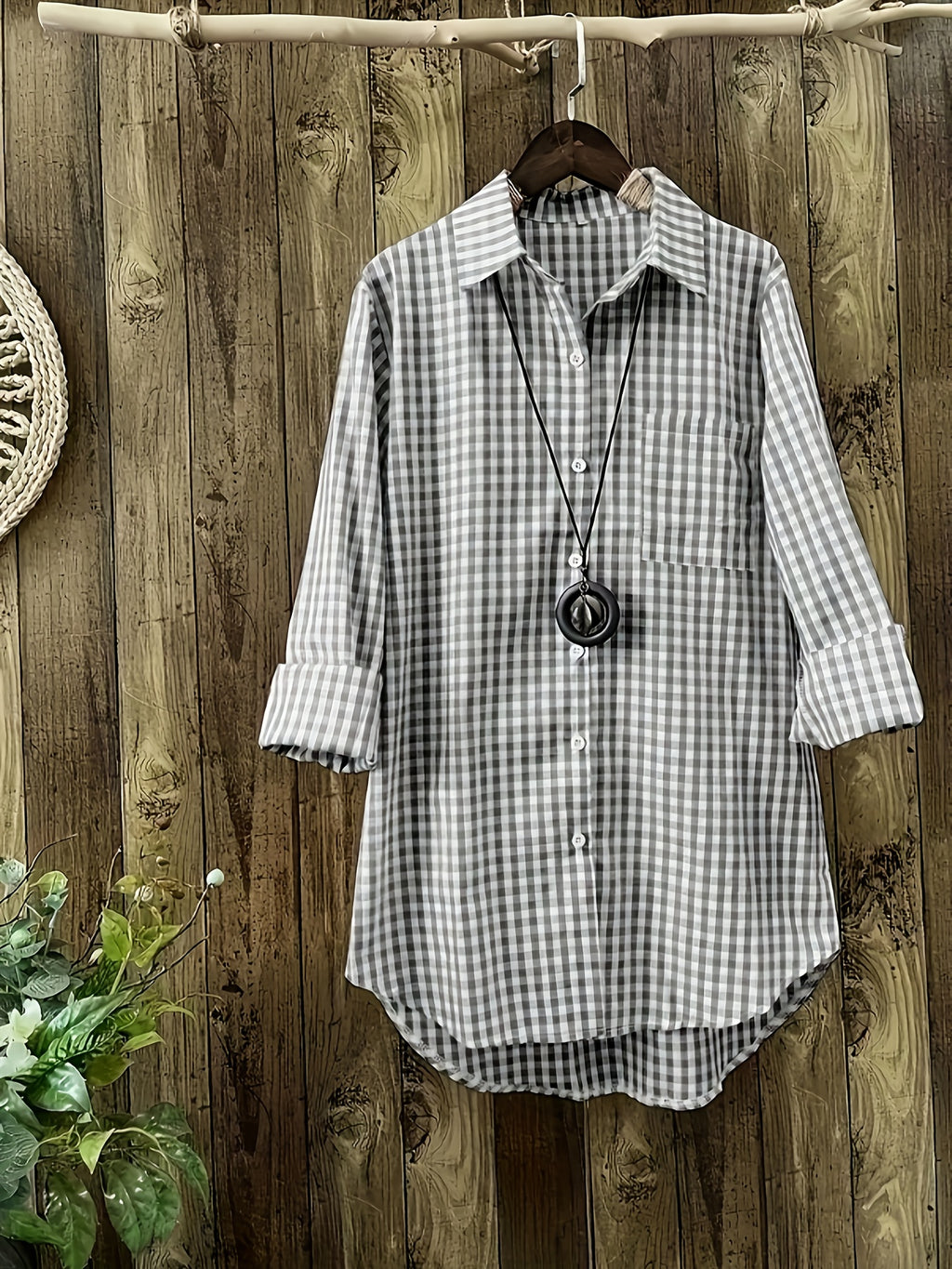 Women'S Spring Summer Casual Retro Commuter Long Sleeve Plaid Shirt - Grey