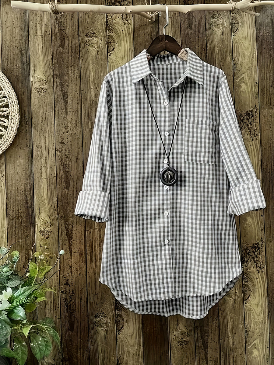 Women'S Spring Summer Casual Retro Commuter Long Sleeve Plaid Shirt - Grey