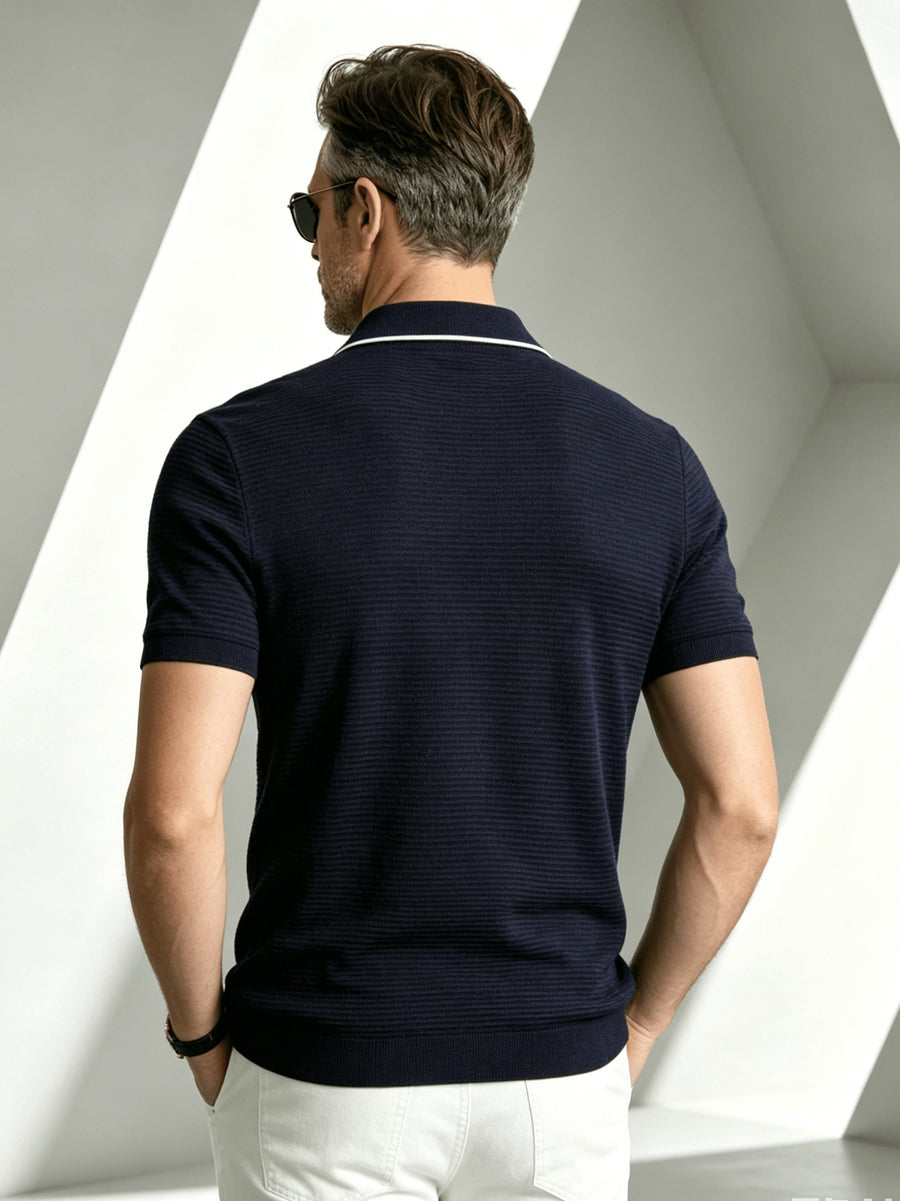 2026 New Fashionable Business Mature Men'S Casual Contrast Trim Lapel Short Sleeve Knit Polo Shirt, Slim Fit Breathable Knit Top, Summer Suitable for Daily, Office And Weekend Outfits - Navy Color