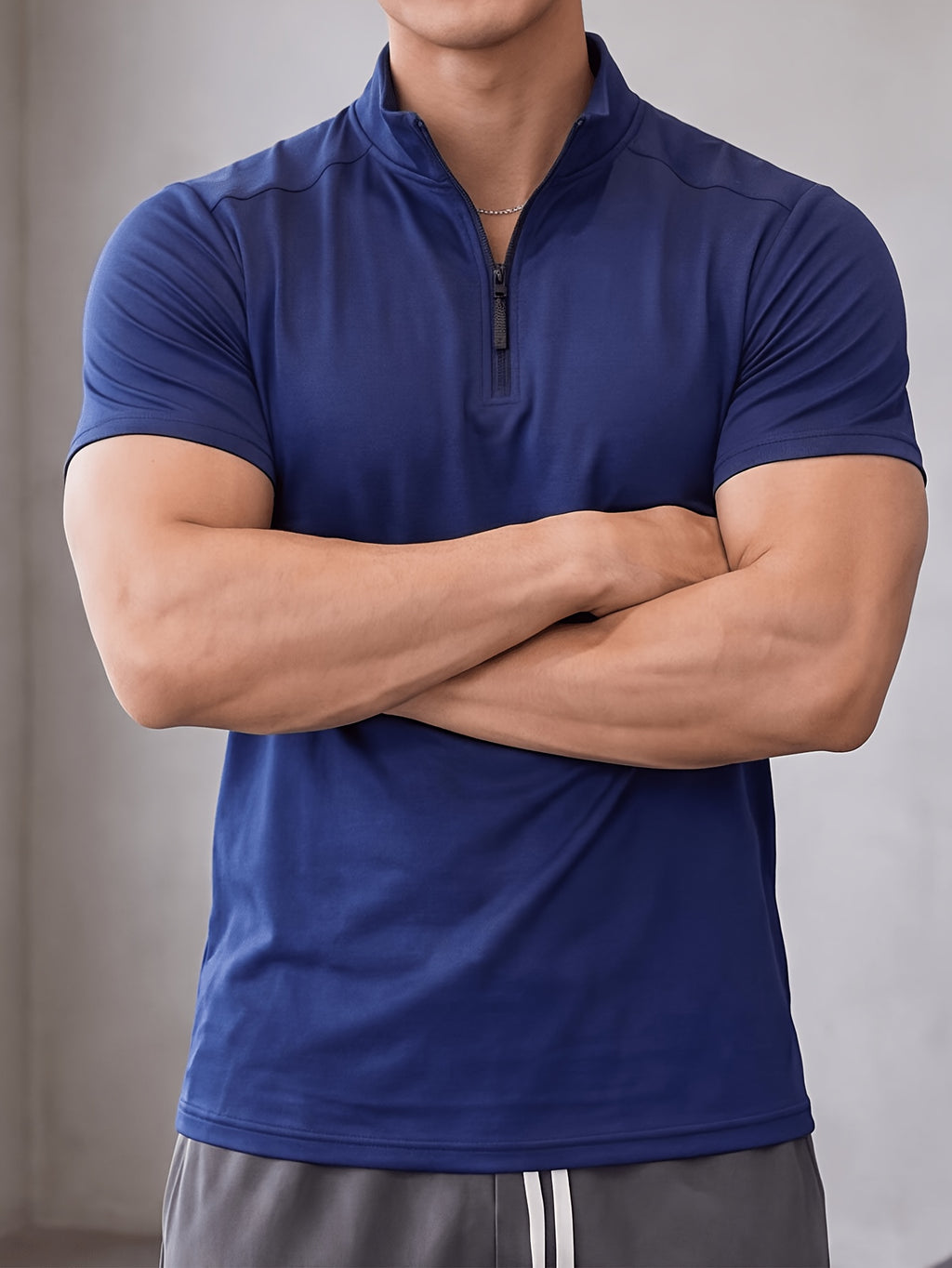 Men'S Stand-Up Collar Fitness Sweatshirt, 1/4 Half-Zipper Short Sleeve, Quick-Dry Breathable Slim Fit, Suitable for Cycling, Running, Gym Training - Royal Blue