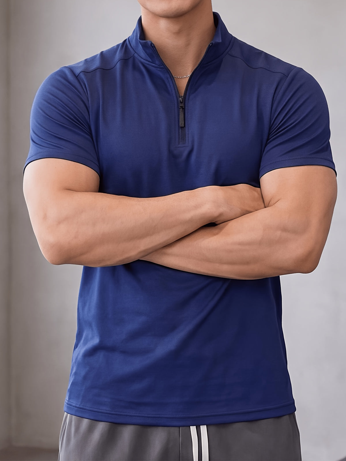 Men'S Stand-Up Collar Fitness Sweatshirt, 1/4 Half-Zipper Short Sleeve, Quick-Dry Breathable Slim Fit, Suitable for Cycling, Running, Gym Training - Royal Blue