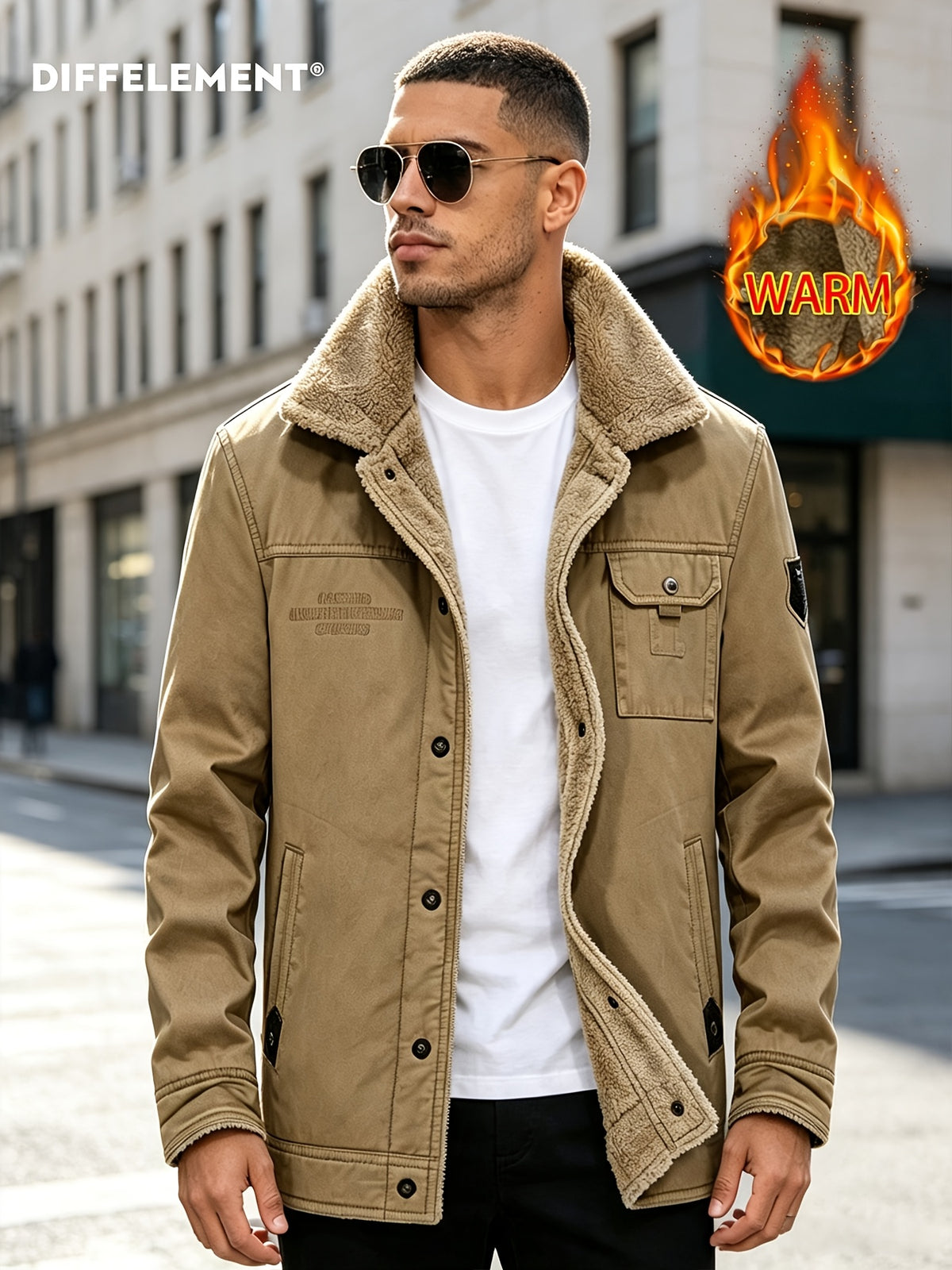 DIFFELEMENT Men's Lapel Workwear Jacket with Temperature-Locking Cold-Resistant and Wear-Resistant Snap Button Placket, Multiple Pockets for Storage, Chest Embroidery Decoration, Label Detail, Neat Stitching Craftsmanship, Classic Vintage Workwear - Khaki