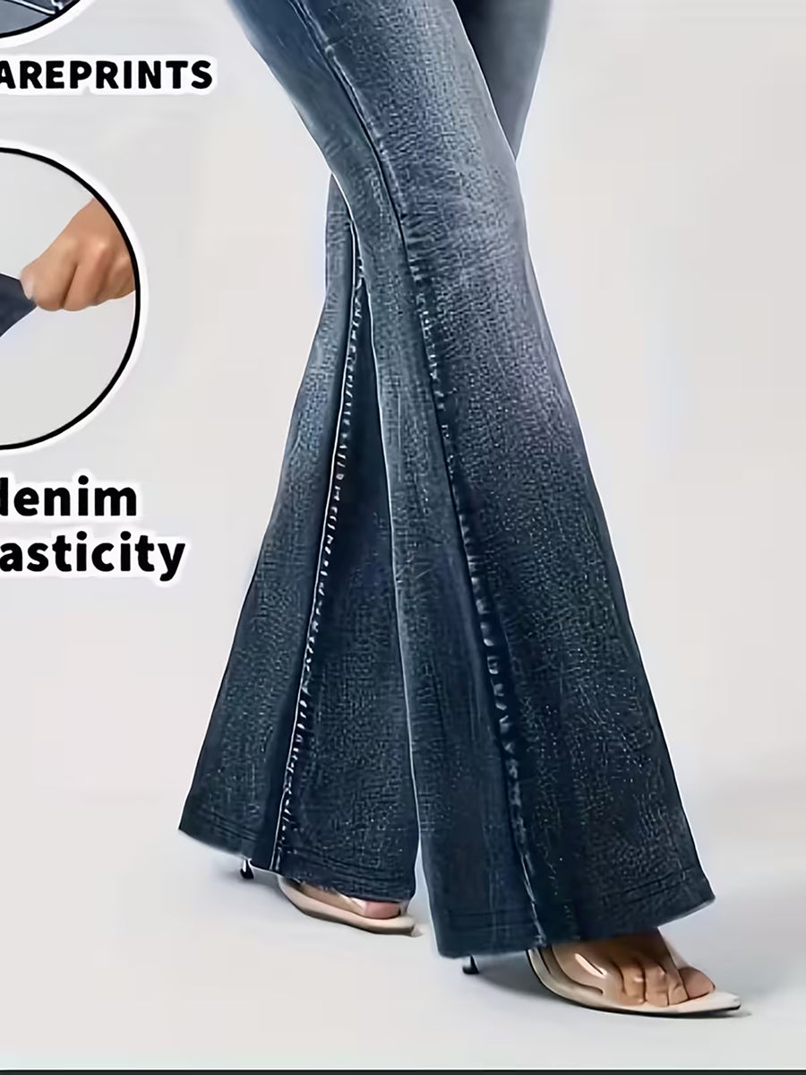Effect Printed - Not Fabric Butterfly Print Flare Pants, High-Waist Stretchy Slim Fit, European and American Hot Style Leg-Lengthening Trousers - Navy Color