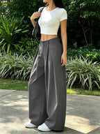 Women's Elegant Vintage High-Waisted Wide- Pants - Loose Fit Solid Green Trousers with Curved Hem & Zipper Closure, Machine Washable Suitable for Spring/Summer Casual Streetwear, Office, Casual Attire - Grey