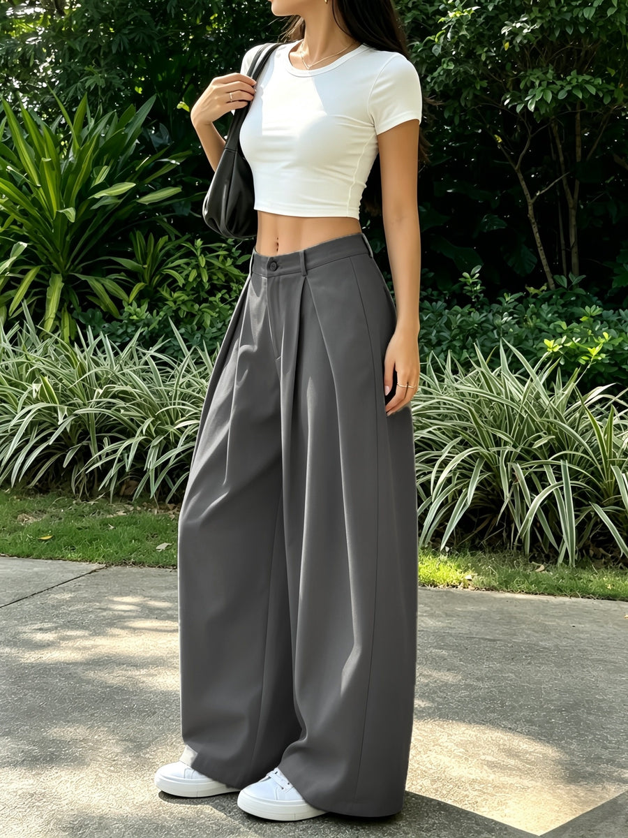 Women's Elegant Vintage High-Waisted Wide- Pants - Loose Fit Solid Green Trousers with Curved Hem & Zipper Closure, Machine Washable Suitable for Spring/Summer Casual Streetwear, Office, Casual Attire - Grey