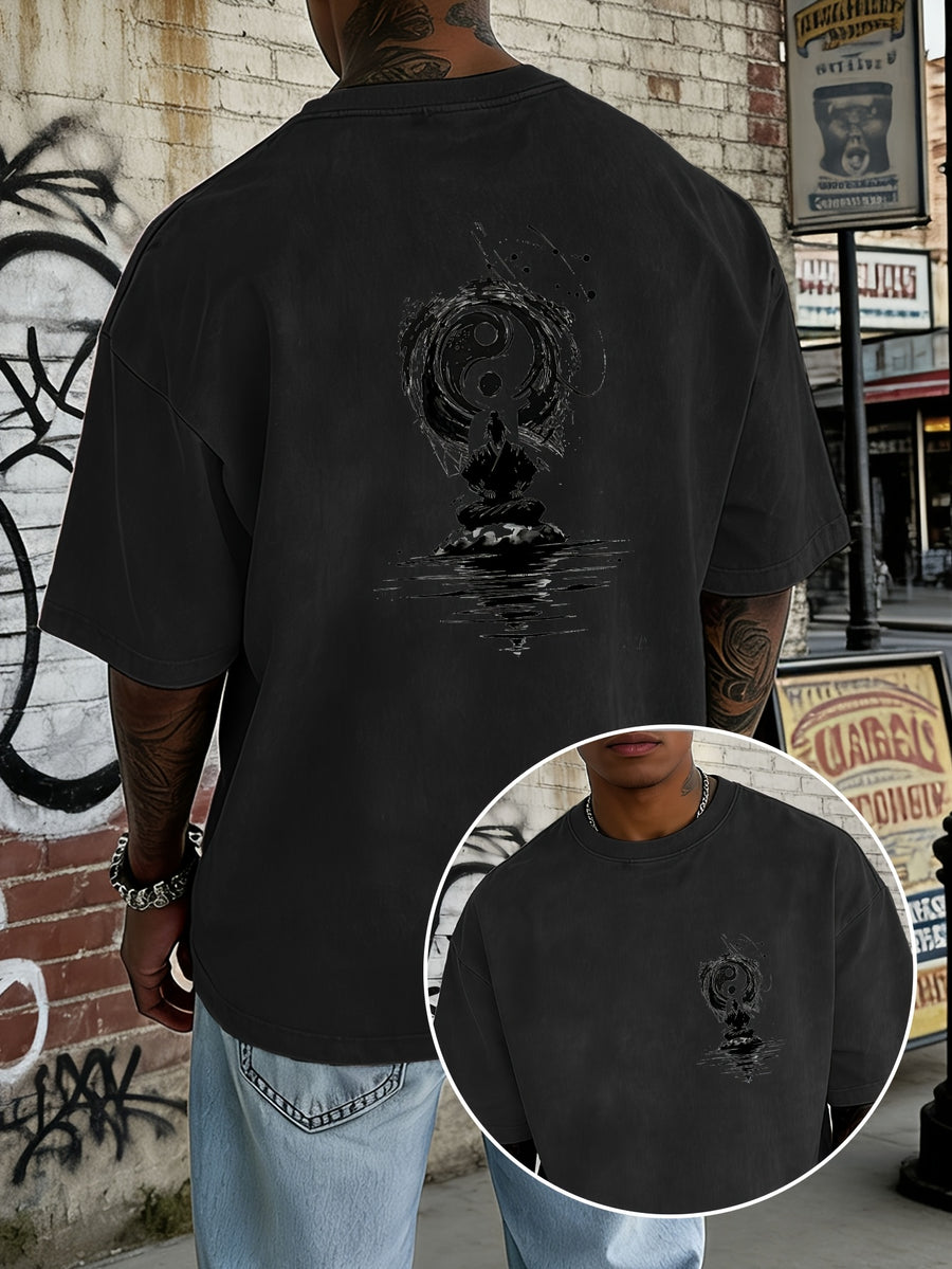 Washed and Distressed Pure Cotton Short-sleeve T-shirt with Trendy Double-sided Print Featuring Tai Chi, Zen, and Meditating Ink Wash Art. Available in 12 Colors for Mix-and-match Styling. Loose-fit Men's Top in High Street Y2K Style - Black