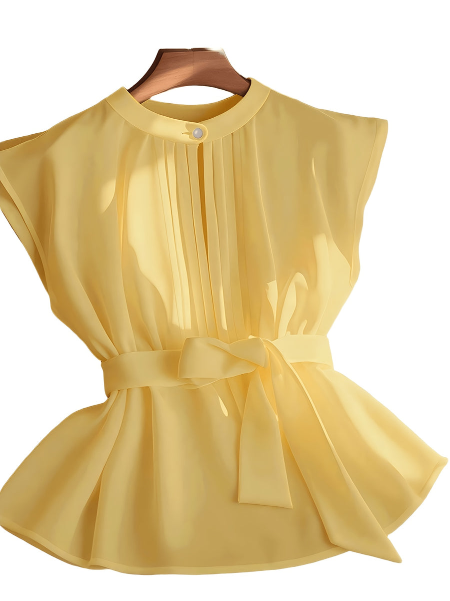 Women'S Elegant Pleated Sleeveless Tie-Up Top, Suitable for Spring And Summer - Yellow