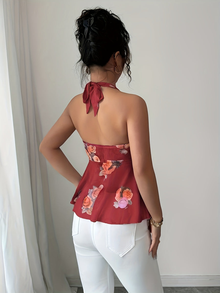 Sexy Printed Halter Neck Suspender Vest Top for Women - Deep Red