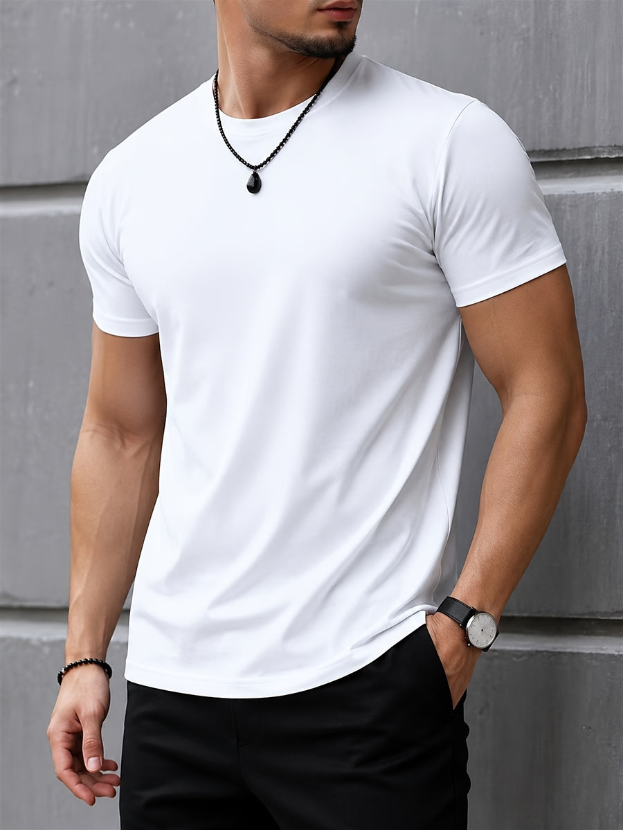 2pcs Men'S Round Neck Short Sleeve Top Set, Round Neck Solid Basic Style Multi-Piece Set, Soft -Like Fabric, Easy And Timeless, Easy to Match, Daily Replacement And Base Layer Short Sleeve Top, Suitable for Commuting, Casual And Home Wear - White+White