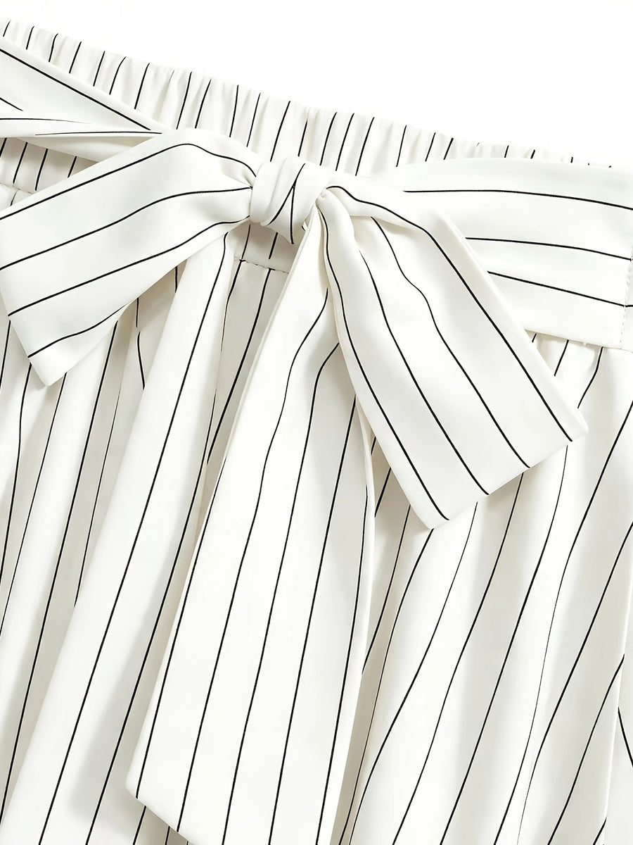 Women's High-waist Striped Bow Elegant Dress, Suitable for Vacations, Parties, Birthdays, Wedding Guests, Easter, Carnivals, Christmas, Holiday Celebrations, Casual Wear, Commuting, and Social Occasions - White