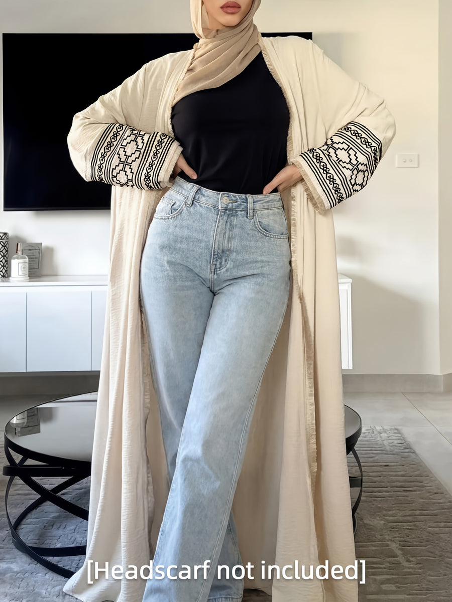 Black Long Cardigan for Women with Ethnic-Style Embroidered Cuffs, Perfect for a Casual And Relaxed Look, Suitable for Commuting, Shopping, Or Vacationing. Ideal for Eid Al-Fitr, Eid Al-Adha, Ramadan, And Other Festive Occasions - Apricot