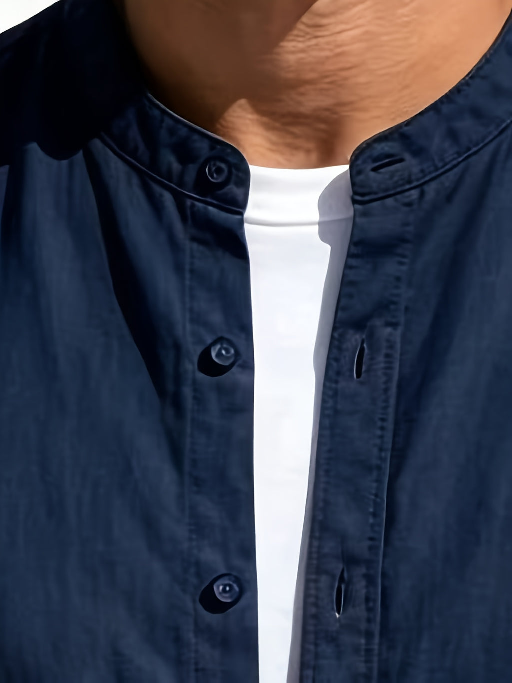 Men's Casual Stand up Collar Long Sleeved Shirt, Simple Solid Color Versatile, Suitable for Both Business and Leisure, Daily Commuting Outerwear - Navy Color